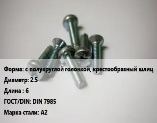 Винт с полукруглой головкой, крестообразный шлиц 2.5х6 DIN 7985 Сталь: A2